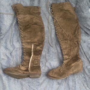 Fashion Nova Brown Over the Knee Lace-Up Boots